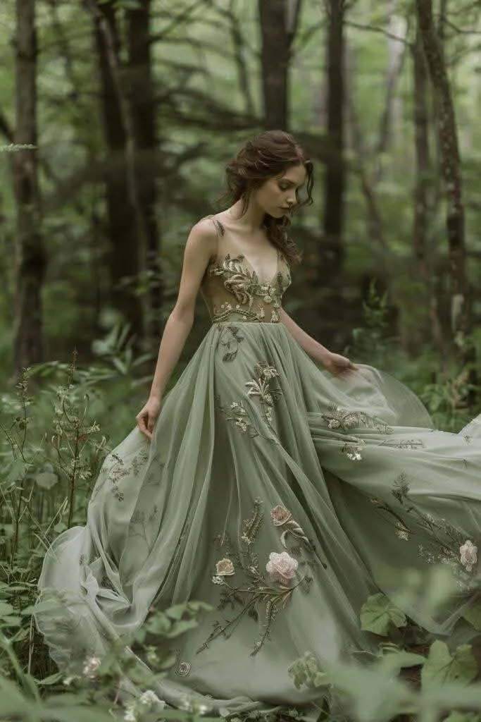 Sage green tulle wedding gown with floral embroidery in a forest